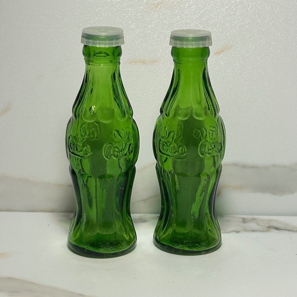 Vintage Coca-Cola Green Glass Salt and Pepper Shaker Set Taiwan Contour Bottle